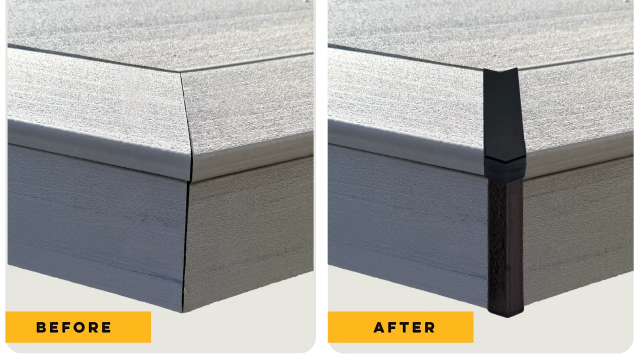 Deck corner gap collecting debris, then capped clean with GAPCAP