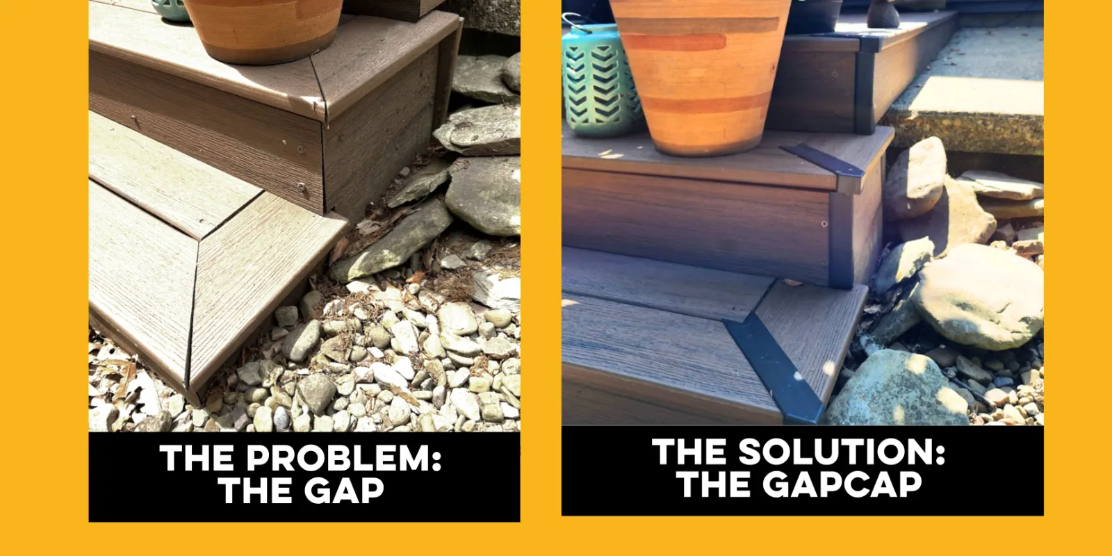 The Problem: the gap at a deck step corner, next to The Solution: the same corner capped with GAPCAP